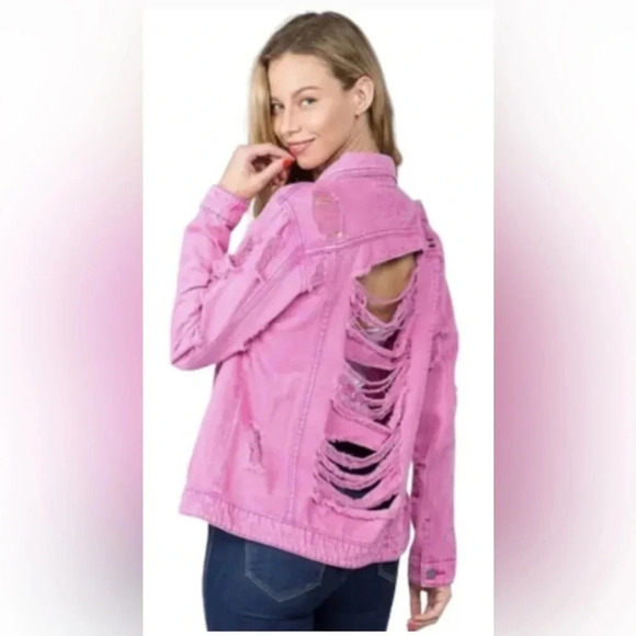 trademark american bazi Jackets & Blazers - American bazi pink distressed ripped denim jacket women’s medium boyfriend fit